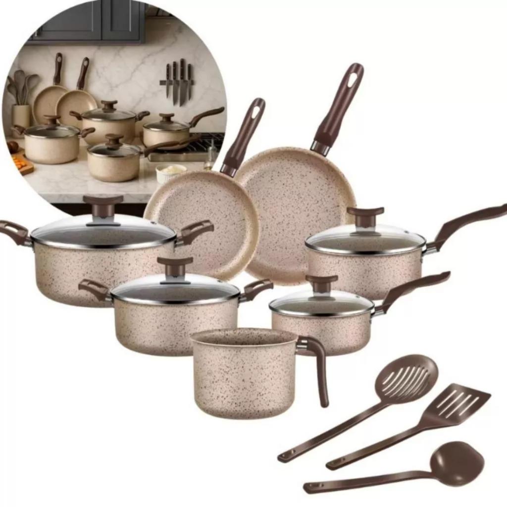 Jogo De Panelas 10 Peças Antiaderente Conjunto Caçarola Frigideira Fervedor Cor Coffee Cappuccino Kit Talheres
